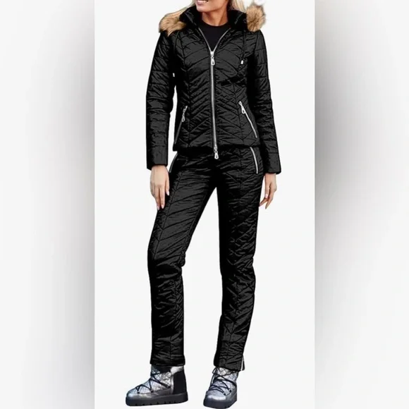 Black Women's Ski Set. Jacket W faux Fur and matching Pants Women’s Large - Picture 3 of 5